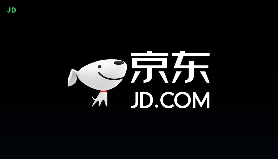Dark background with white cartoon dog character smiling and holding up a sign featuring Chinese characters and JD.COM text below it alongside a circular JD logo