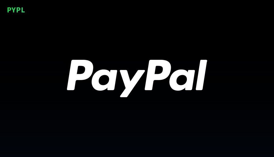 Black background with white bold text PayPal centered, green PYPL text in top right corner, and a circular PayPal logo icon in bottom left.