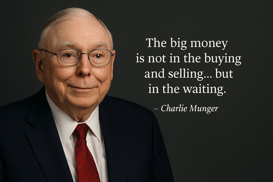 Charlie Munger wearing a dark suit, white shirt, and red tie, standing against a dark background. Text overlay reads "The big money is not in the buying and selling... but in the waiting. - Charlie Munger."