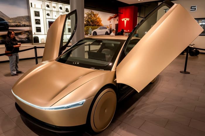 A Cybercab robotaxi prototype at a Tesla store in San Jose, Calif., this month. Photo: David Paul Morris/Bloomberg