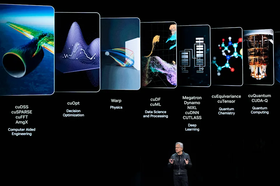 NVIDIA CEO Jensen Huang speaks on how AI infrastructure and AI factories that generate intelligence at scale are powering a new industrial revolution, at Washington Convention Center, Tuesday, Oct. 28, 2025, in Washington. (AP Photo/Manuel Balce Ceneta)