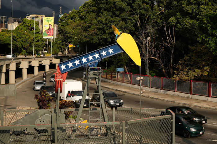 A macaw perched on a decorated pumpjack in Caracas, Venezuela.