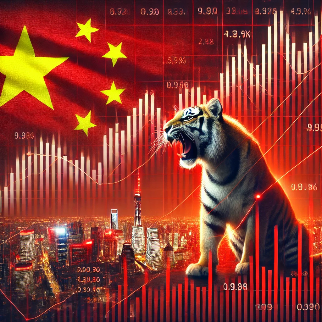 A dramatic financial-themed image with red as the main color. The backdrop features an abstract representation of China's skyline and its flag. A small, fierce tiger is placed in the corner, much smaller in size, symbolizing market volatility. Financial graphs and market indicators in the background show both steep rises and sharp drops, highlighting the tension in Chinese assets.