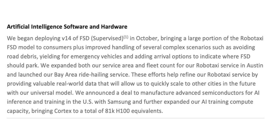 Technical diagram with text blocks explaining Tesla's FSD deployment in October for robotaxi services including emergency vehicle handling and complex scenarios. Details expansion of Bay Area both-hailing service and efforts for Robotaxi in Austin using universal model. Announces deal with Samsung for scaling semiconductors for AI inference and training bringing Cortex to total 81K H100 equivalents in US. Includes sections on artificial intelligence software and hardware with repeated emphasis on FSD model portions.