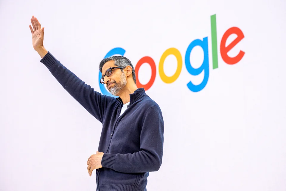 Google CEO Sundar Pichai addresses the crowd during Google's annual I/O developers conference in Mountain View, Calif., on May 20, 2025. (Camille Cohen/AFP via Getty Images)