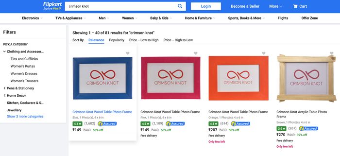 Picture frames by the brand Crimson Knot, created by Big River, for sale on Flipkart, a giant Indian e-commerce marketplace majority owned by Walmart.